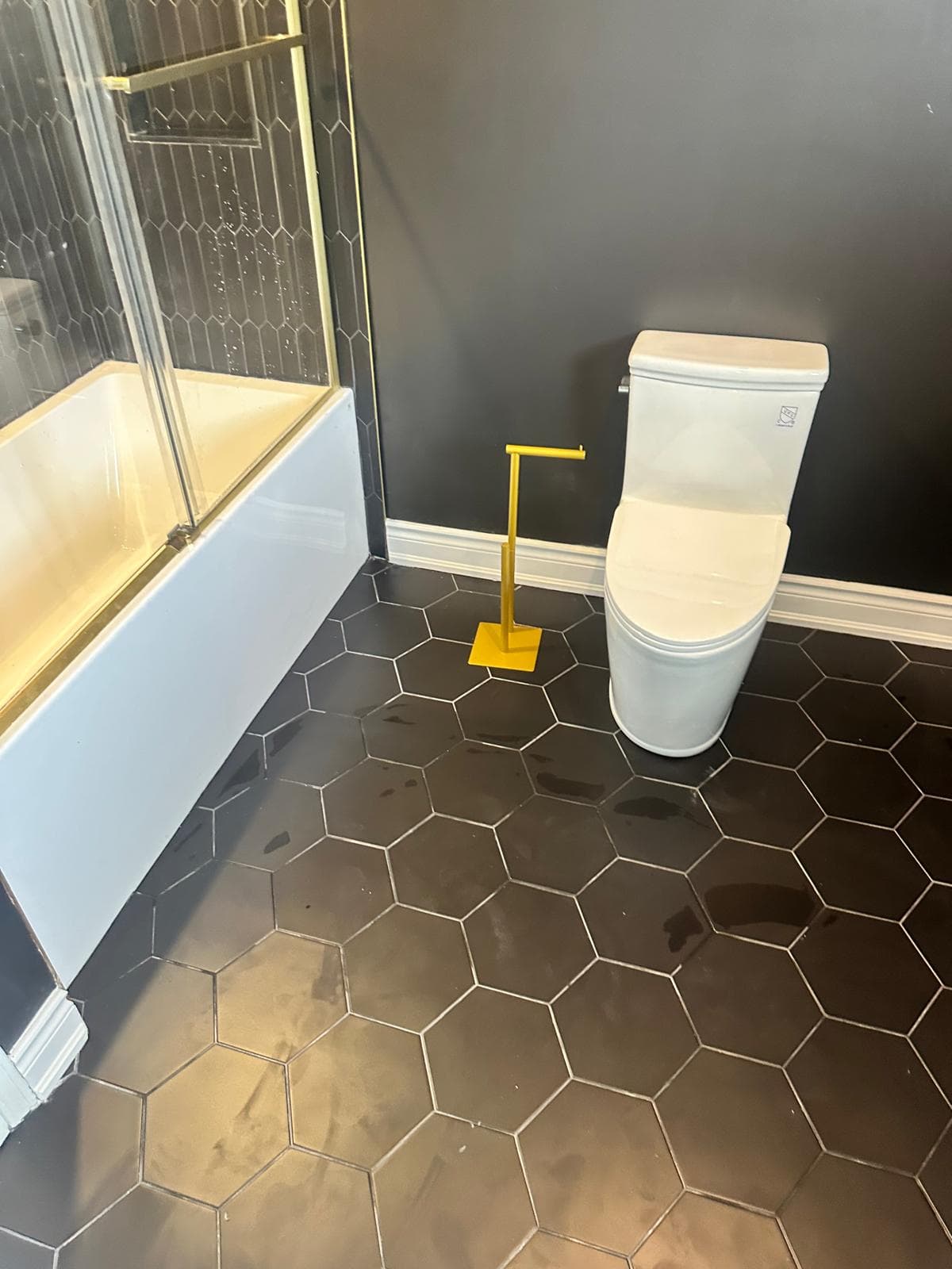 Tub, gold toilet-paper stand, and matte black hexagon tile floor